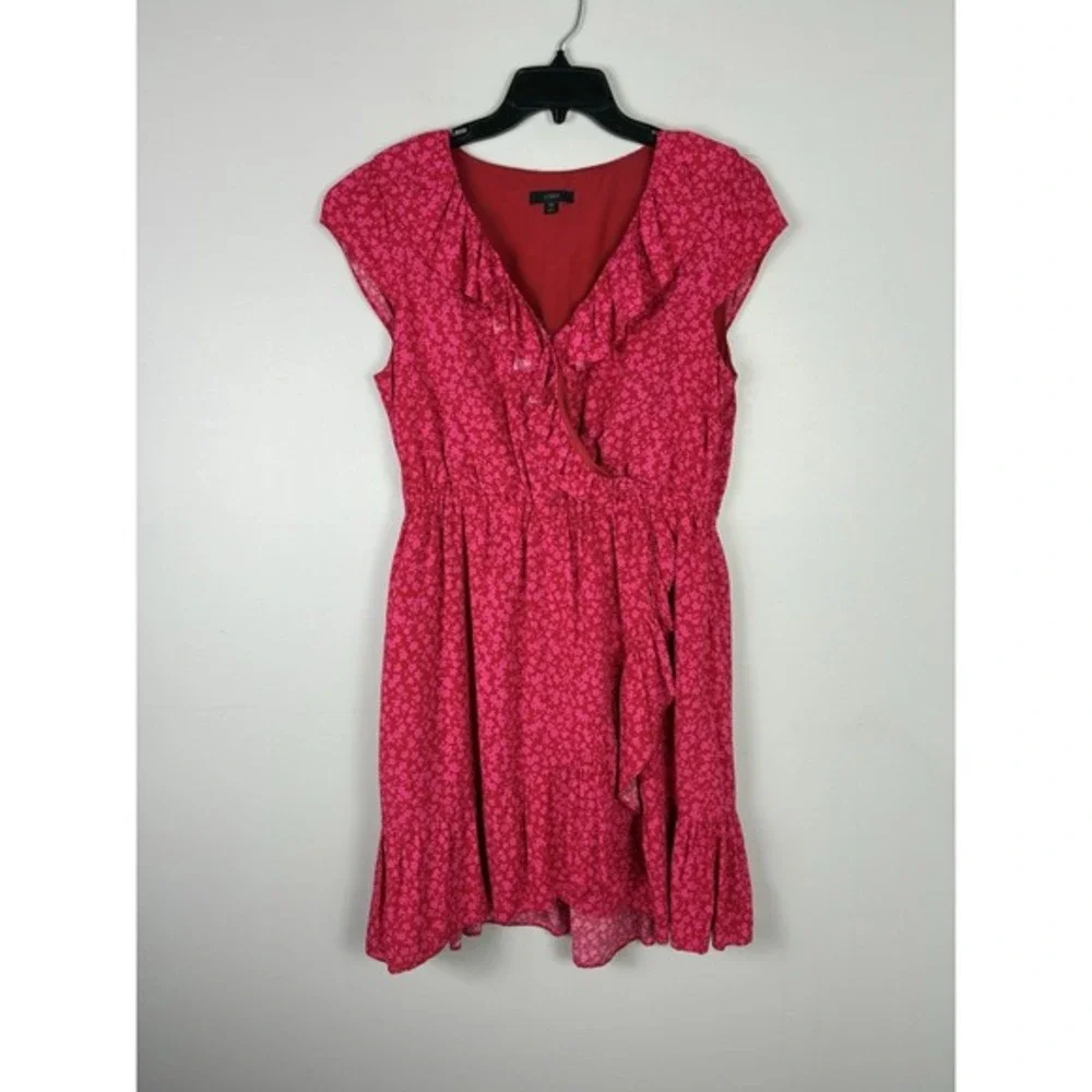 J Crew Wrap Dress Tossed Bouquet Print Sz 10 Red Pink Romantic Coquette